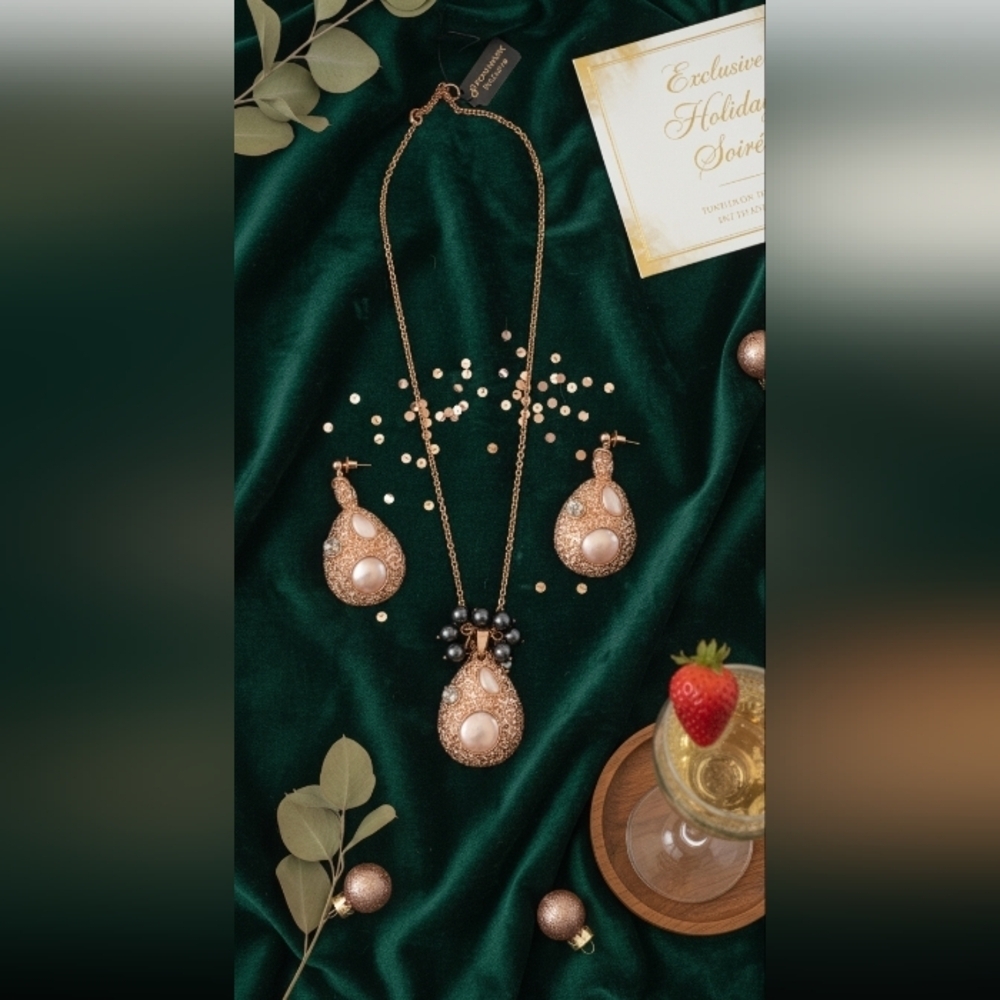 Rose Gold Pearl Teardrop Pendant Necklace and Earrings Set